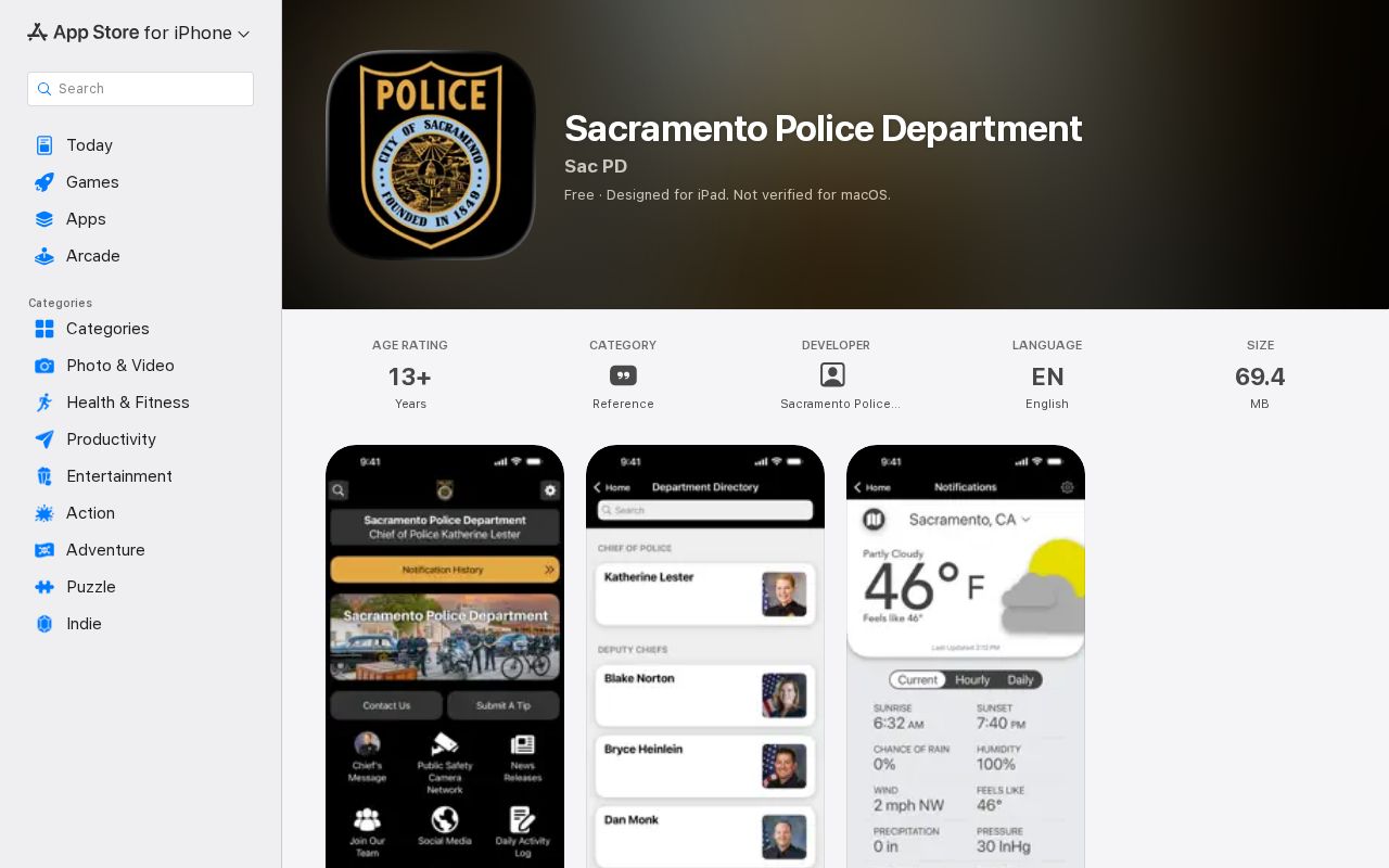 Sacramento Police Department app listing for Apple devices