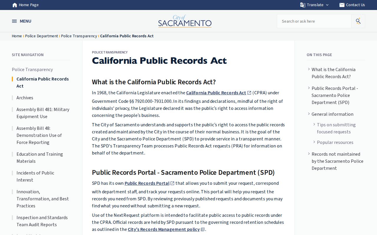 Sacramento Police public records and CPRA information