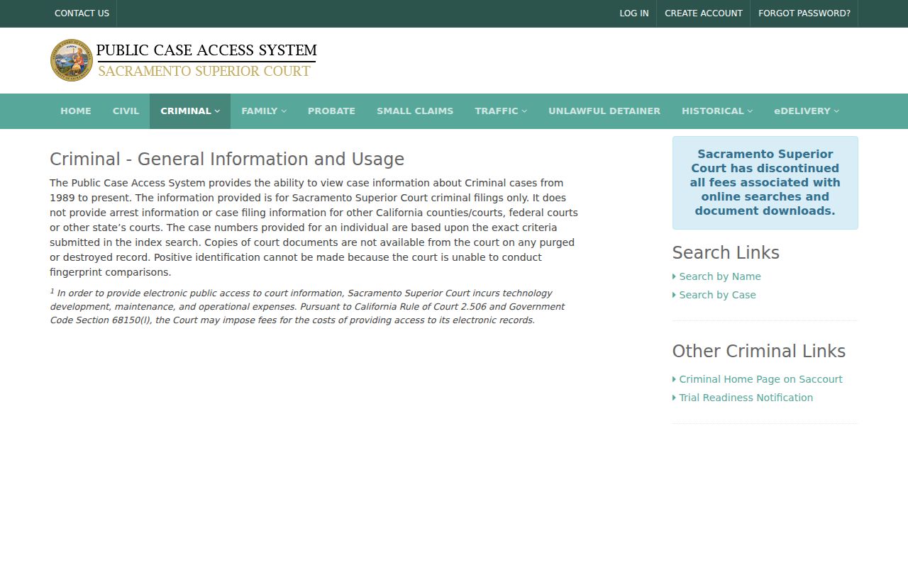 Sacramento Superior Court Criminal Public Case Access page