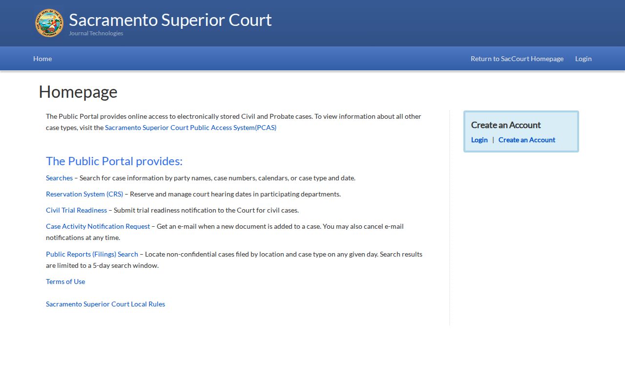 Sacramento County Public Portal case search interface