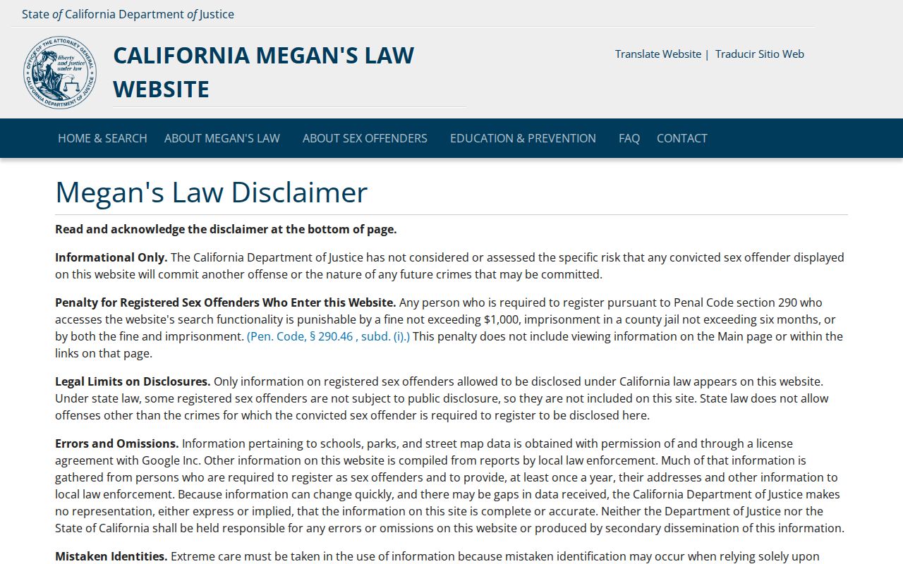 Sacramento County sex offender search Megan's Law disclaimer