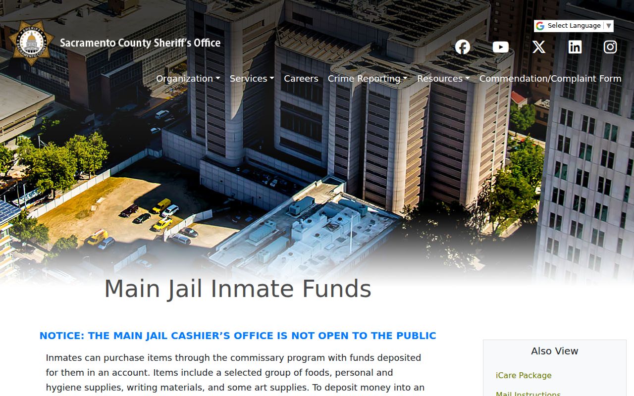 Sacramento County arrest custody and inmate funds information